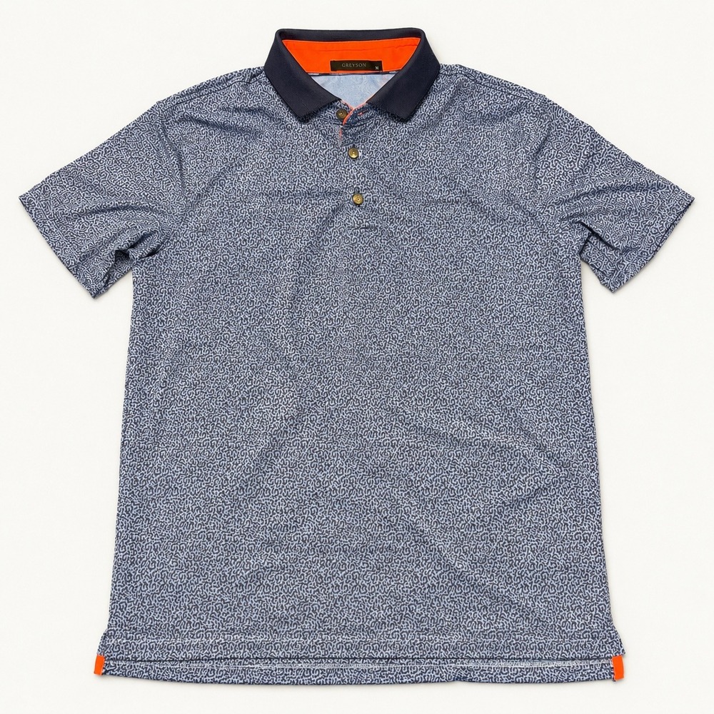 Greyson Mens Polo Shirt Size M Blue Navy Abstract Print Orange Trim Wolf Logo